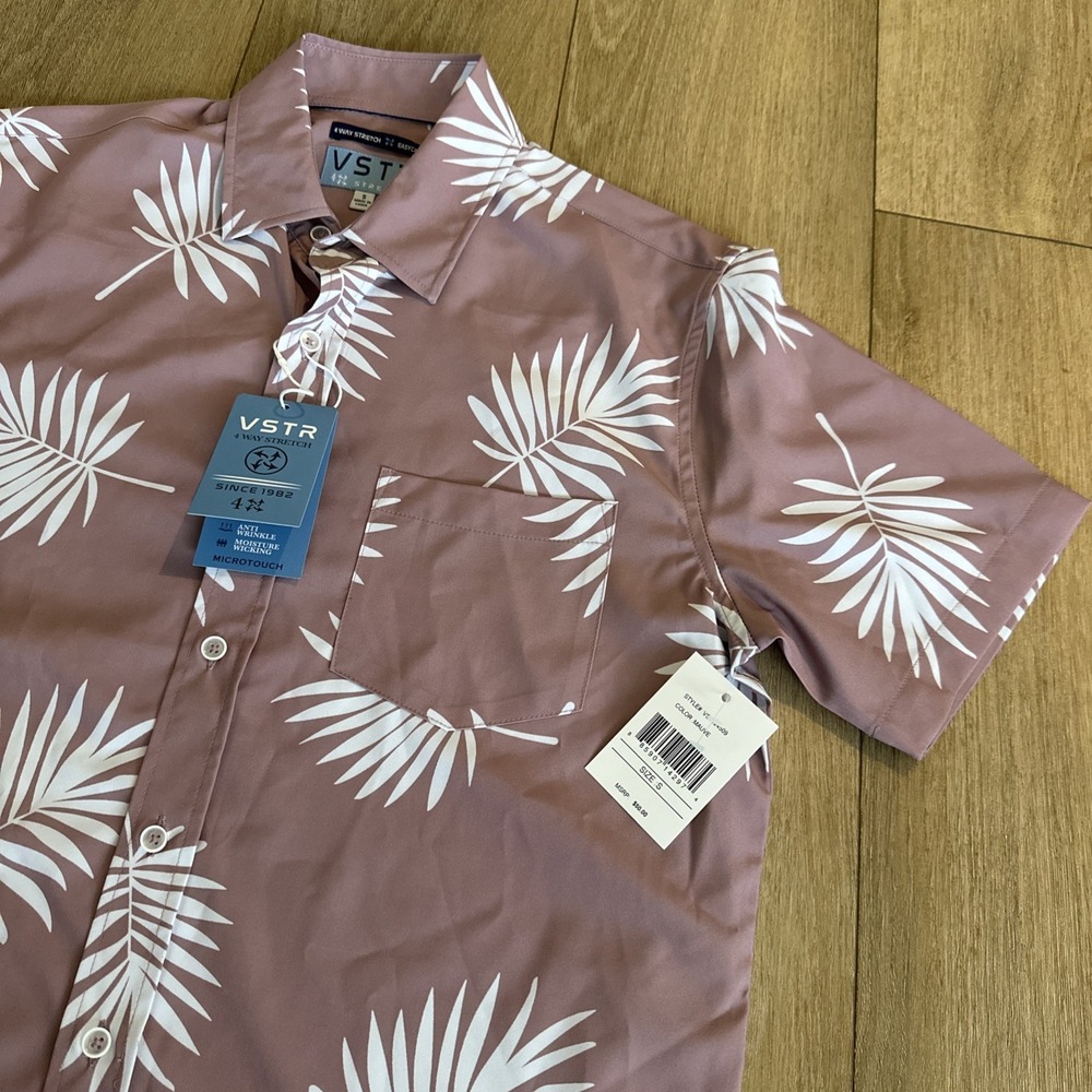 VSTR Men's 4 Way Stretch Shirt Tropical SS‎ Button Up Mauve Size Small NEW